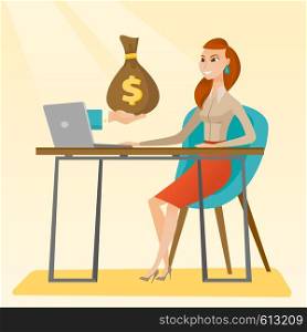 Caucasian business woman working in office and bag of money coming out of laptop. Woman earning money from online business. Online business concept. Vector flat design illustration. Square layout.. Businesswoman earning money from online business.