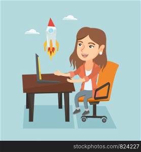 Caucasian business woman working on a laptop and looking at the rocket. Young business woman working on a new business start up. Business start up concept. Vector cartoon illustration. Square layout.. Young business woman working on business start up.
