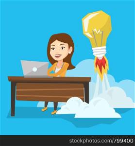 Caucasian business woman working on laptop in office and idea bulb taking off behind her. Woman having business idea. Successful business idea concept. Vector flat design illustration. Square layout.. Successful business idea vector illustration.