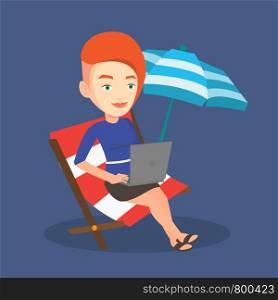 Caucasian business woman working on the beach. Business woman sitting in chaise lounge under beach umbrella. Business woman using laptop on the beach. Vector flat design illustration. Square layout.. Businesswoman working on laptop at the beach.