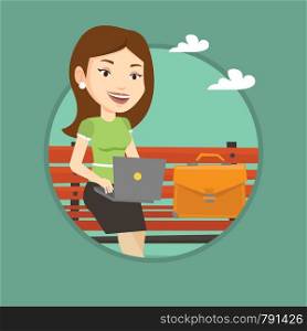 Caucasian business woman working outdoor. Business woman working on a laptop. Woman sitting on a bench and working on a laptop. Vector flat design illustration in the circle isolated on background.. Business woman working on laptop outdoor.