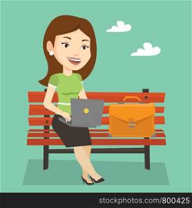 Caucasian business woman working outdoor. Happy business woman working on a laptop. Young business woman sitting on a bench and working on laptop. Vector flat design illustration. Square layout.. Business woman working on laptop outdoor.
