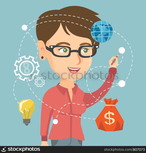 Caucasian business woman writing on a virtual screen. Young business woman drawing a business diagram on a virtual screen. Woman using a virtual screen. Vector cartoon illustration. Square layout.. Young caucasian woman writing on a virtual screen.