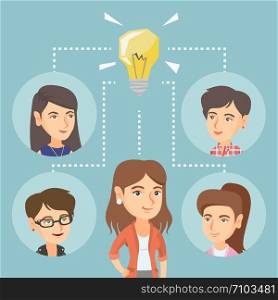 Caucasian business women working on business idea. Young business women discussing idea. Group of business women connected by one idea light bulb. Vector cartoon illustration. Square layout.. Caucasian business women discussing business idea.