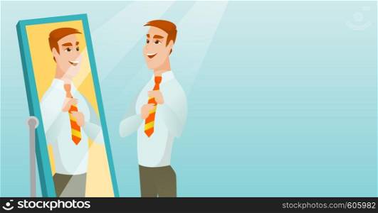 Caucasian businessman adjusting tie in front of the mirror. Business man looking at himself in the mirror. Man checking his appearance in the mirror. Vector flat design illustration. Horizontal layout. Business man looking himself in the mirror.