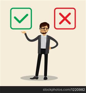 Caucasian businessman chooses green yes,color checkboxes selection,concept of right choice,flat vector illustration
