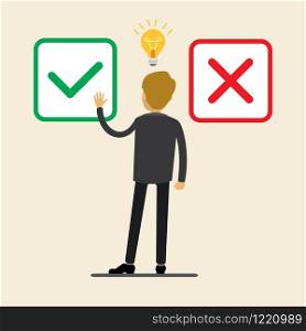 Caucasian businessman chooses green yes, male with idea bulb,color checkboxes selection,concept of right choice,flat vector illustration