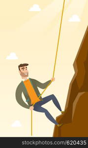 Caucasian businessman climbing on the rock. Young brave businessman climbing on the top of the mountain using rope. Concept of business challenge. Vector flat design illustration. Vertical layout.. Business woman climbing on the mountain.