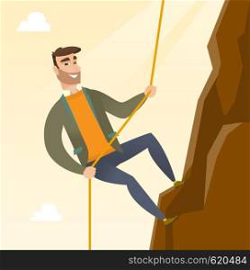 Caucasian businessman climbing on the rock. Young brave businessman climbing on the top of the mountain using rope. Concept of business challenge. Vector flat design illustration. Square layout.. Business woman climbing on the mountain.