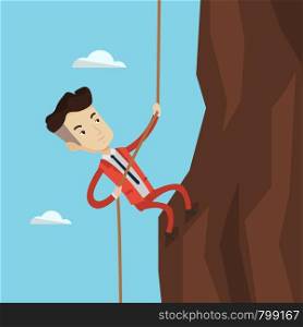 Caucasian businessman climbing on the rock. Young brave man wearing business suit trying to reach the top of the mountain. Concept of business challenge. Vector flat design illustration. Square layout. Businessman climbing on the mountain.