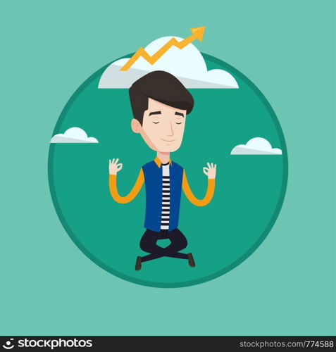 Caucasian businessman doing yoga in lotus pose and thinking about the growth graph. Businessman meditating in yoga lotus pose. Vector flat design illustration in the circle isolated on background.. Peaceful businessman doing yoga.