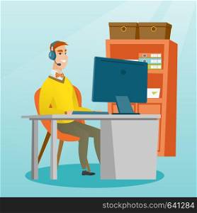 Caucasian businessman during video conference in the office. Businessman with headset working on a computer in the office. Call center operator at work. Vector flat design illustration. Square layout.. Businessman with headset working at office.