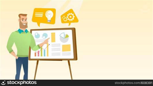 Caucasian businessman giving business presentation. Man pointing at charts on board during business presentation. Business presentation concept. Vector flat design illustration. Horizontal layout.. Businessman giving business presentation.