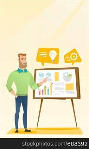 Caucasian businessman giving business presentation. Man pointing at charts on board during business presentation. Concept of business presentation. Vector flat design illustration. Vertical layout.. Businessman giving business presentation.
