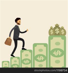 Caucasian Businessman goes up the stairs of money to the financial prize,success concept,flat vector illustration