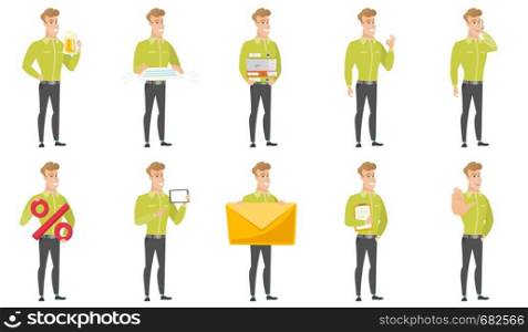 Caucasian businessman holding a contract. Full length of smiling businessman with contract. Young businessman holding a contract. Set of vector flat design illustrations isolated on white background.. Vector set of illustrations with business people.