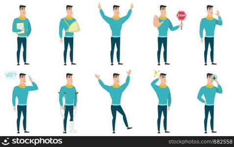 Caucasian businessman holding clipboard with documents. Full length of businessman with documents. Businessman holding documents. Set of vector flat design illustrations isolated on white background.. Vector set of illustrations with business people.