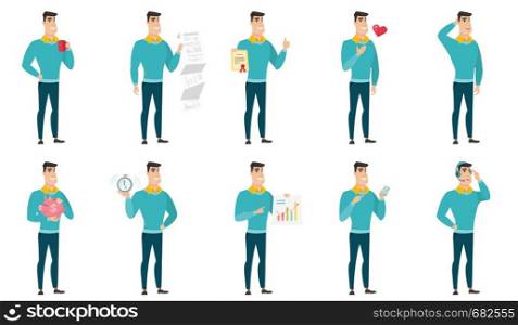 Caucasian businessman holding cup of coffee. Full length of businessman drinking coffee. Happy businessman with cup of coffee. Set of vector flat design illustrations isolated on white background.. Vector set of illustrations with business people.