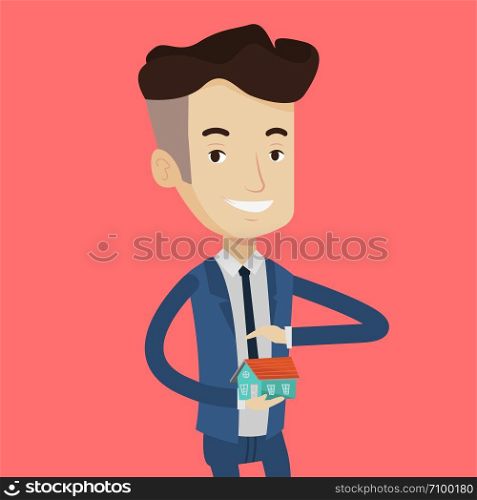 Caucasian businessman holding house model. Real estate agent protecting model of the house. Property insurance and security concept. Man insuring house. Vector flat design illustration. Square layout.. Real estate agent signing contract.