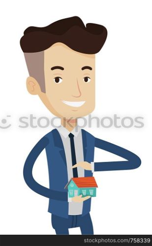 Caucasian businessman holding house model. Real estate agent protecting model of the house. Property insurance concept. Man insuring house. Vector flat design illustration isolated on white background. Real estate agent signing contract.