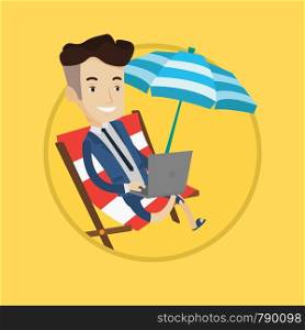 Caucasian businessman in suit working on beach. Businessman sitting in chaise lounge under beach umbrella and working on a laptop. Vector flat design illustration in the circle isolated on background.. Businessman working on laptop at the beach.