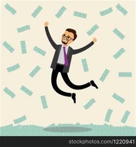 Caucasian businessman jumps joyfully, money is falling around,success concept,flat vector illustration