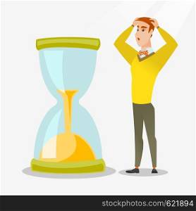 Caucasian businessman looking at hourglass symbolizing deadline. Young businessman worrying about deadline terms. Time management and deadline concept. Vector flat design illustration. Square layout.. Desperate businessman looking at hourglass.