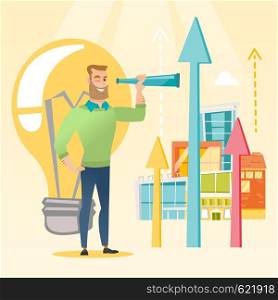 Caucasian businessman looking through spyglass at arrows going up and idea bulb. Businessman looking for creative idea. Successful business idea concept. Vector flat design illustration. Square layout. Man looking through spyglass on raising arrows.