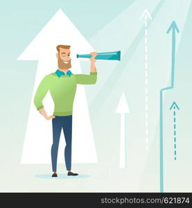 Caucasian businessman looking through spyglass on arrows going up symbolizing business opportunities. Concept of business vision and opportunities. Vector flat design illustration. Square layout.. Woman looking through spyglass on raising arrows.