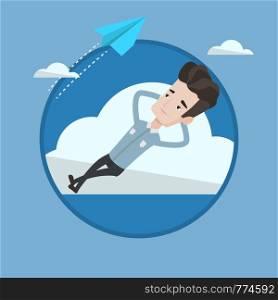 Caucasian businessman lying on a cloud and looking at flying paper plane. Young businessman relaxing on a cloud. Vector flat design illustration in the circle isolated on background.. Businessman lying on cloud vector illustration.