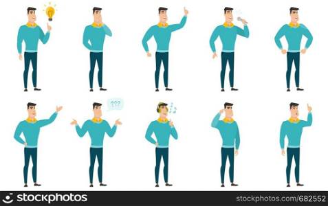 Caucasian businessman pointing at business idea bulb. Full length of businessman having a business idea. Business idea concept. Set of vector flat design illustrations isolated on white background.. Vector set of illustrations with business people.