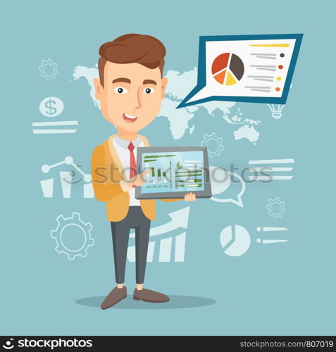Caucasian businessman pointing at the charts on a tablet computer screen. Businessman presenting report on a digital tablet on the background of charts. Vector flat design illustration. Square layout.. Businessman presenting report on tablet computer.