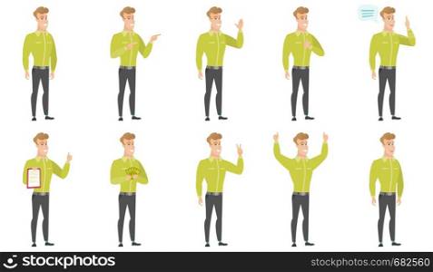 Caucasian businessman pointing to the side. Businessman pointing his finger to the side. Businessman pointing to the right side. Set of vector flat design illustrations isolated on white background.. Vector set of illustrations with business people.