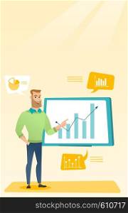 Caucasian businessman presenting review of financial data. Businessman pointing at board with financial data. Businessman explaining financial data. Vector flat design illustration. Vertical layout.. Businessman presenting review of financial data.