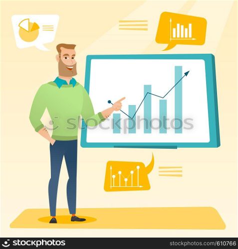 Caucasian businessman presenting review of financial data. Businessman pointing at board with financial data. Businessman explaining financial data. Vector flat design illustration. Square layout.. Businessman presenting review of financial data.
