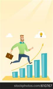 Caucasian businessman running along the growth graph with idea lightbulb. Businessman moving to success and business growth. Business growth concept. Vector flat design illustration. Vertical layout.. Businessman running along the growth graph.