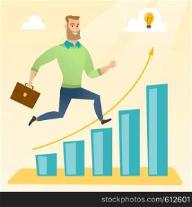 Caucasian businessman running along the growth graph with idea lightbulb. Businessman moving to success and business growth. Business growth concept. Vector flat design illustration. Square layout.. Businessman running along the growth graph.