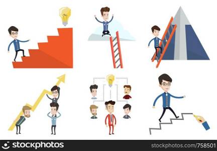 Caucasian businessman running up the career ladder. Happy businessman climbing the career ladder. Concept of business career. Set of vector flat design illustrations isolated on white background.. Vector set of business characters.