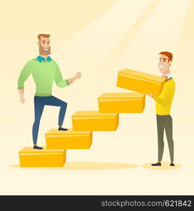 Caucasian businessman runs up the career ladder while another man builds this ladder. Businessman climbing the career ladder. Concept of business career. Vector flat design illustration. Square layout. Businessman running upstairs vector illustration.