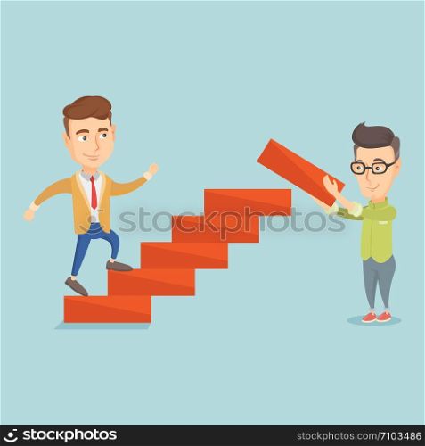 Caucasian businessman runs up the career ladder while another man builds this ladder. Businessman climbing the career ladder. Concept of business career. Vector flat design illustration. Square layout. Business man runs up the career ladder.