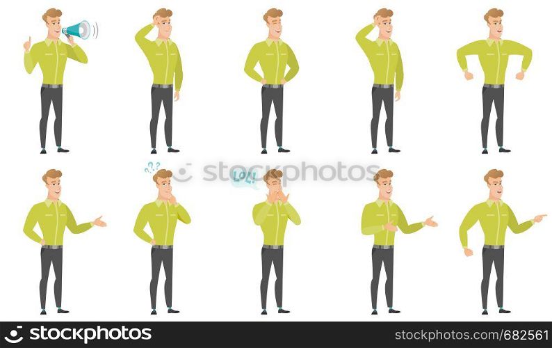 Caucasian businessman scratching his head. Full length of businessman scratching head. Puzzled businessman scratching his head. Set of vector flat design illustrations isolated on white background.. Vector set of illustrations with business people.