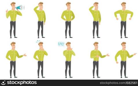 Caucasian businessman scratching his head. Full length of businessman scratching head. Puzzled businessman scratching his head. Set of vector flat design illustrations isolated on white background.. Vector set of illustrations with business people.