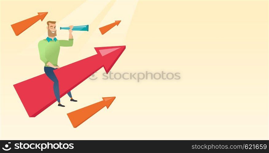 Caucasian businessman searching for opportunities. Hipster businessman using spyglass for searching of opportunities. Business opportunities concept. Vector flat design illustration. Horizontal layout. Businessman looking through spyglass.