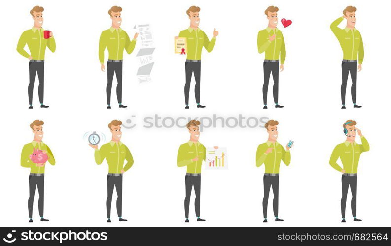 Caucasian businessman showing document with business presentation. Full length of young businessman giving business presentation. Set of vector flat design illustrations isolated on white background.. Vector set of illustrations with business people.