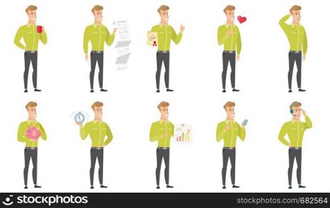 Caucasian businessman showing document with business presentation. Full length of young businessman giving business presentation. Set of vector flat design illustrations isolated on white background.. Vector set of illustrations with business people.