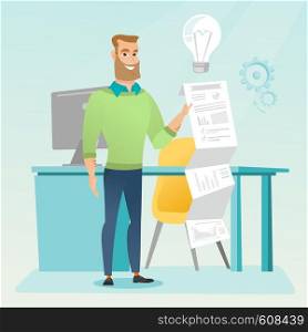 Caucasian businessman showing financial report. Hipster businessman presenting his business report. Businessman working on a financial business report. Vector flat design illustration. Square layout.. Businessman presenting his business report.