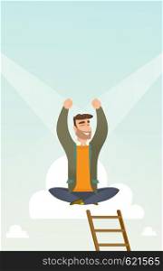 Caucasian businessman sitting on a cloud with ledder. Successful businessman relaxing on a cloud. Businessman with rised hands sitting on a cloud. Vector flat design illustration. Vertical layout.. Happy businessman sitting on the cloud.