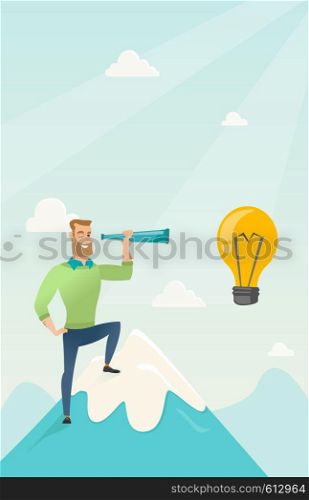 Caucasian businessman standing on the peak of mountain and looking through spyglass at idea bulb. Man looking for business idea. Vector flat design illustration. Vertical layout.. Businessman looking for business idea.
