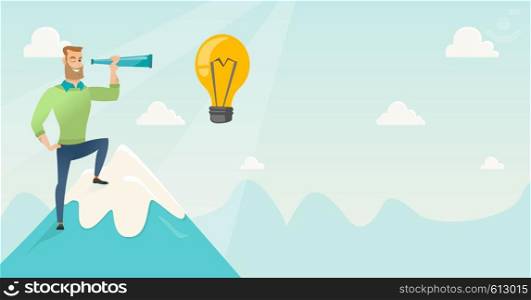 Caucasian businessman standing on the peak of mountain and looking through spyglass at idea bulb. Man looking for business idea. Vector flat design illustration. Horizontal layout.. Businessman looking for business idea.