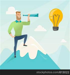 Caucasian businessman standing on the peak of mountain and looking through spyglass at idea bulb. Man looking for business idea. Vector flat design illustration in the circle isolated on background.. Businessman looking for business idea.